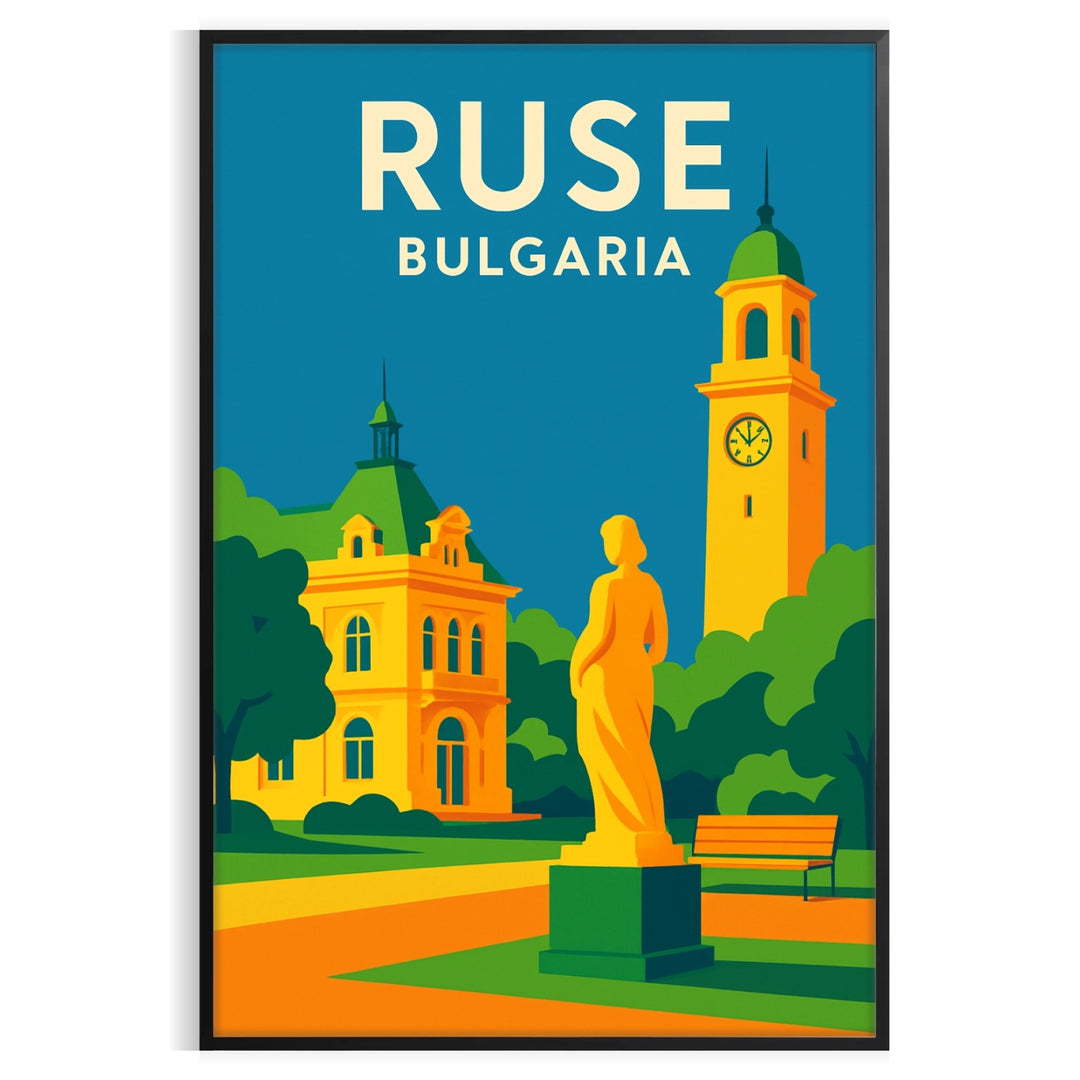 Ruse, Bulgaria city skyline poster in blue and orange geometric style