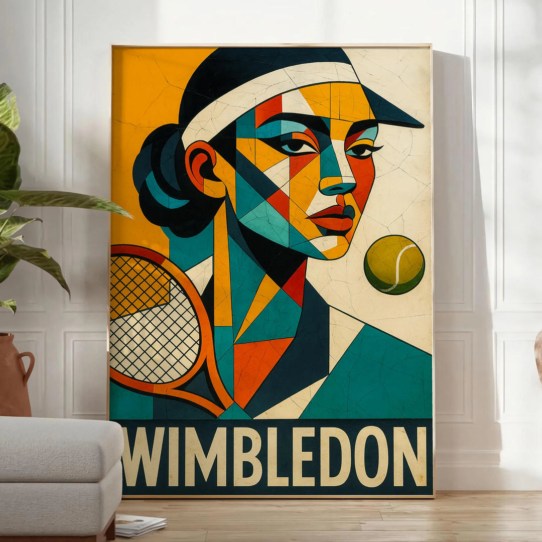 鮮やかな色合いのウィンブルドンキュービストテニスポスター。テニスファン必見のアート作品。フレーム付きまたはフレームなしで購入可能。