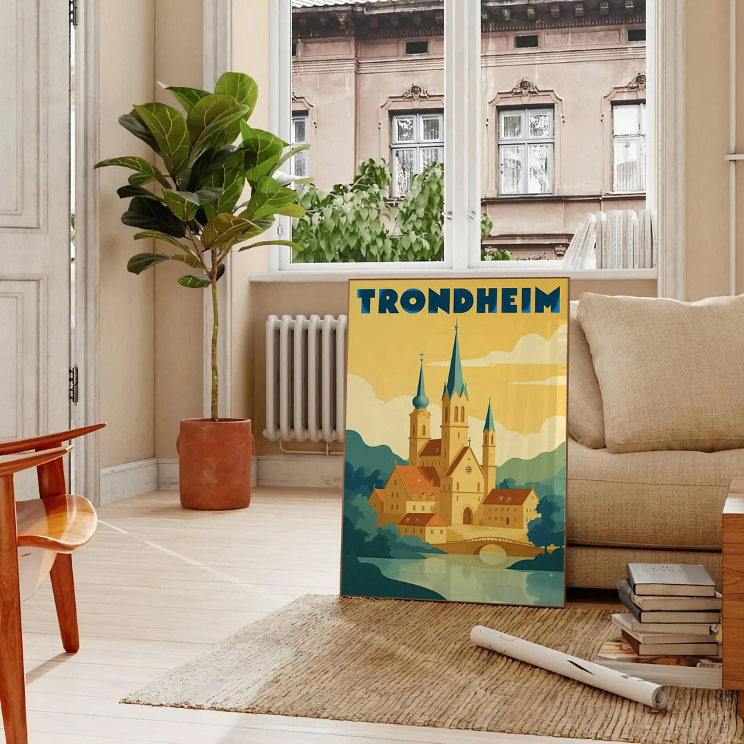 Poster vintage Art Déco Trondheim Norvegia con grafiche verdi e gialle