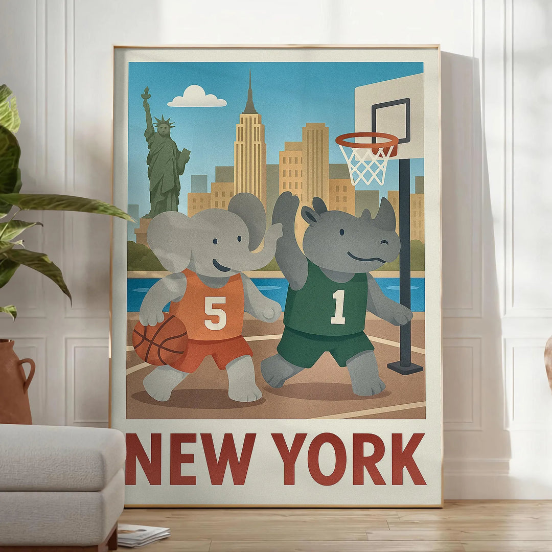 Ανακαλύψτε το μοναδικό vintage πόστερ μπάσκετ με έναν παιχνιδιάρικο ελέφαντα και ρινόκερο σε μια ζωντανή σκηνή μπάσκετ της Νέ