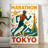 Pôster de corrida de maratona de Tóquio, com design elegante em tons de cinza e azul, ideal para entusiastas da corrida. Disp