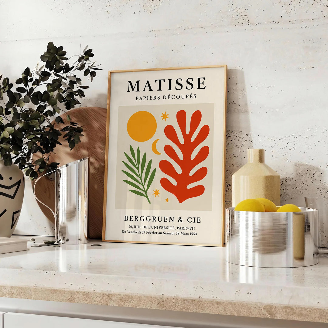 Póster Matisse Papiers Découpés com cores vibrantes em verde e laranja, ideal para amantes da arte. Disponível em vários tama