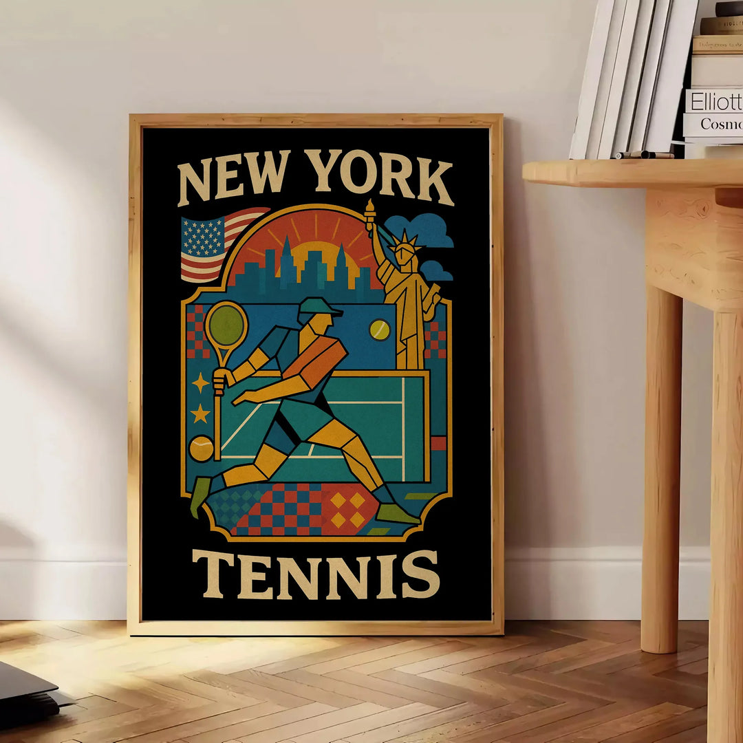 ニューヨークのビンテージカートゥーンテニスポスター。スタイリッシュなグレーとブルーの色合いで、テニス愛好家やアートファンにぴったり。50x70または30x40 cmのサイズで、懐かしさを加えるアイキャッチな作品です。