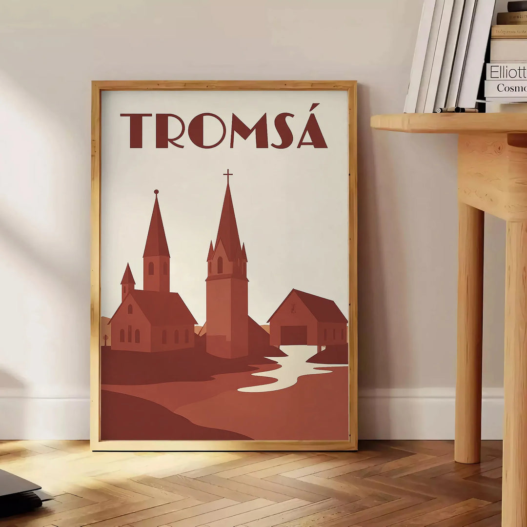 Vintage plakat Art D co przedstawiający urok Tromsø w Norwegii, dostępny w rozmiarach 50x70 lub 30x40, idealny do każdego wnę