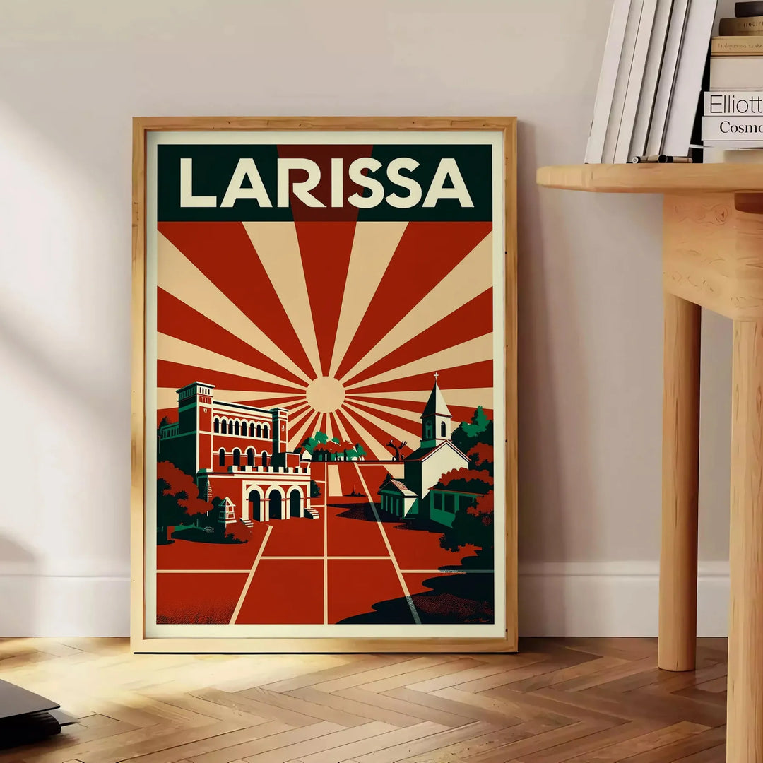 Poster di Larissa, Grecia in stile Art Déco, toni grigio e arancione