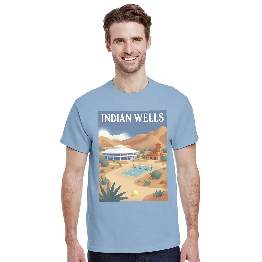 インディアンウェルズのテニスを祝うTシャツ。アメリカのテニスイベントのファンに最適なスタイリッシュなデザイン。柔らかく通気性のあるコットン素材で快適さを提供します。