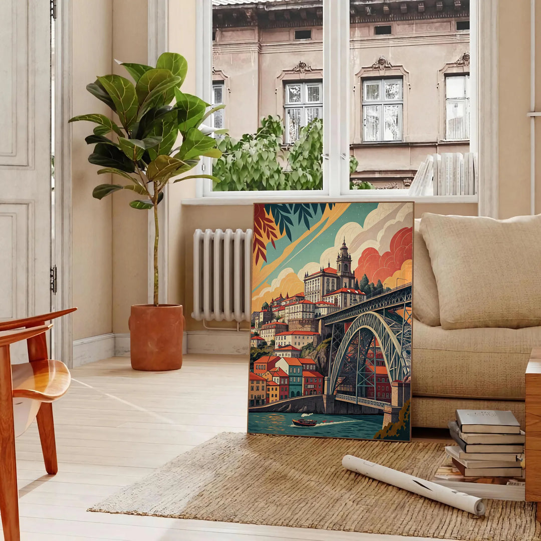 Poster vintage di Porto in stile Art Déco, toni grigio e arancione