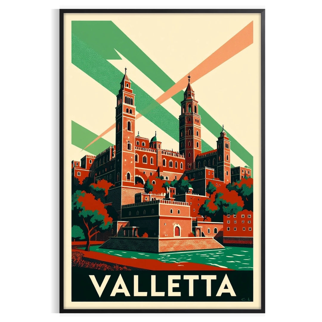 charm vintage travel Valletta Malta Art Deco poster vibrant orange green hues cm stunning artwork touch nostalgia space today decor