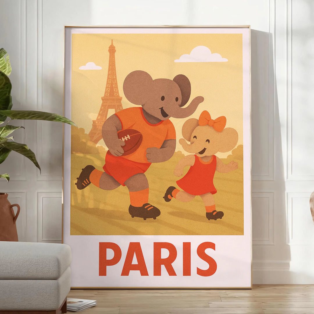 space charming Kid Elephant Rugby Paris poster vintage art deco print playful spirit perfect sports lover child room dimensions today
