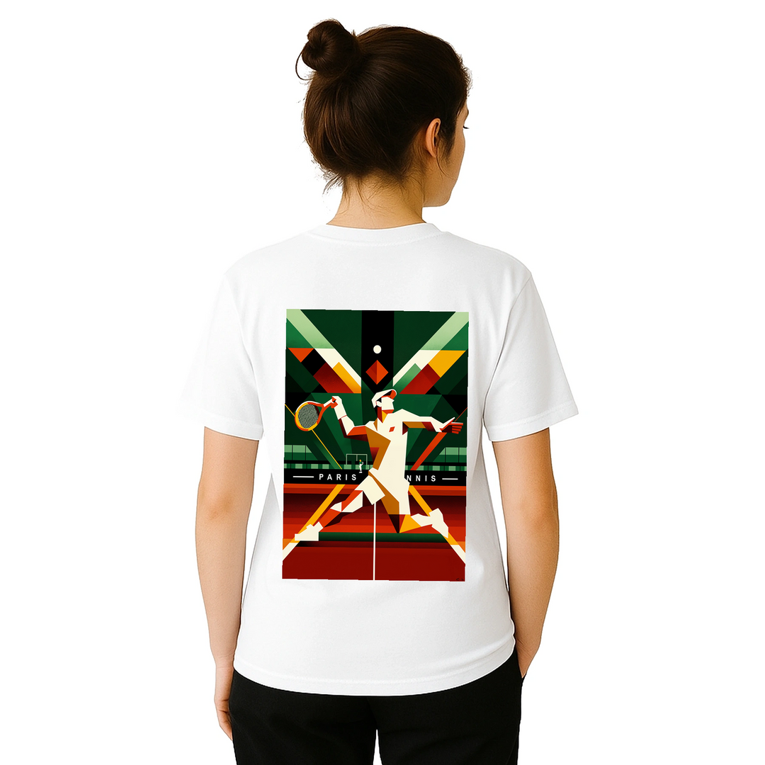 パリのテニスデザインが特徴のスタイリッシュなTシャツ。ソフトで通気性のあるコットン素材で、テニス愛好者にぴったりのアイテムです。