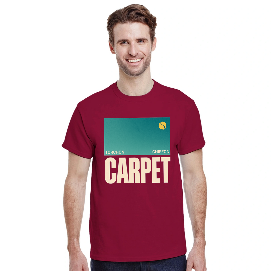 テニス愛好者にぴったりのトーチシフォンカーペットTシャツ。快適な着心地と鮮やかなデザインが魅力。サイズはSからXXLまで選べます。