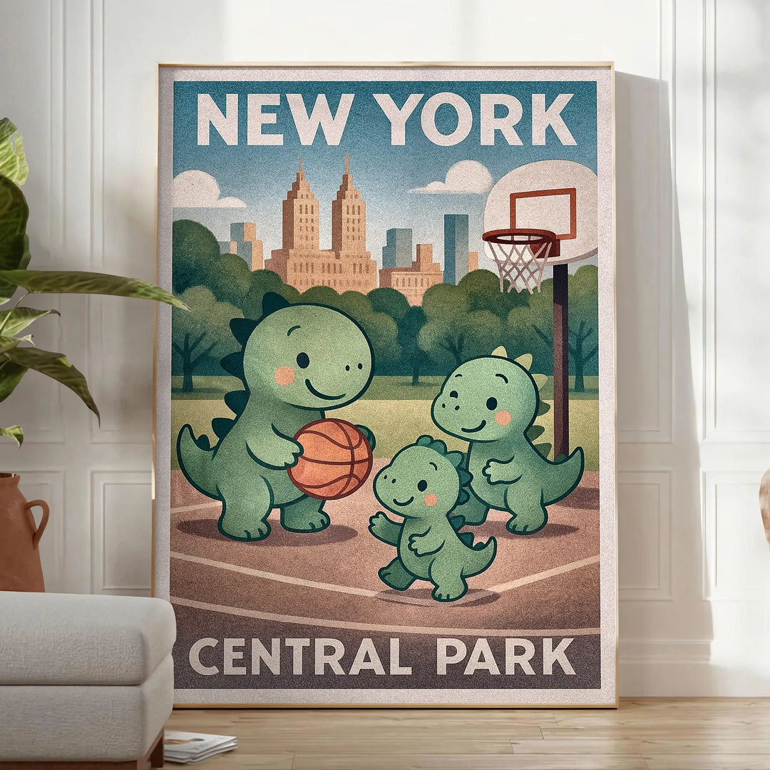 Vintage poster με δεινόσαυρους να παίζουν μπάσκετ στο Central Park της Νέας Υόρκης, ιδανικό για διακόσμηση ή δώρο