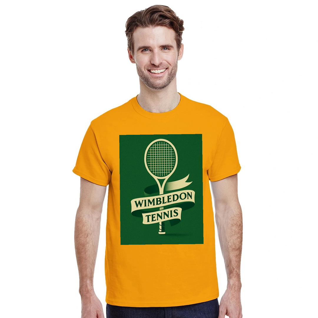 ウィンブルドンを祝うテニステーマのTシャツ。快適で耐久性に優れたデザインで、スポーツ愛好者必見のアイテム。サイズ展開: S, M, L, XL, XXL。