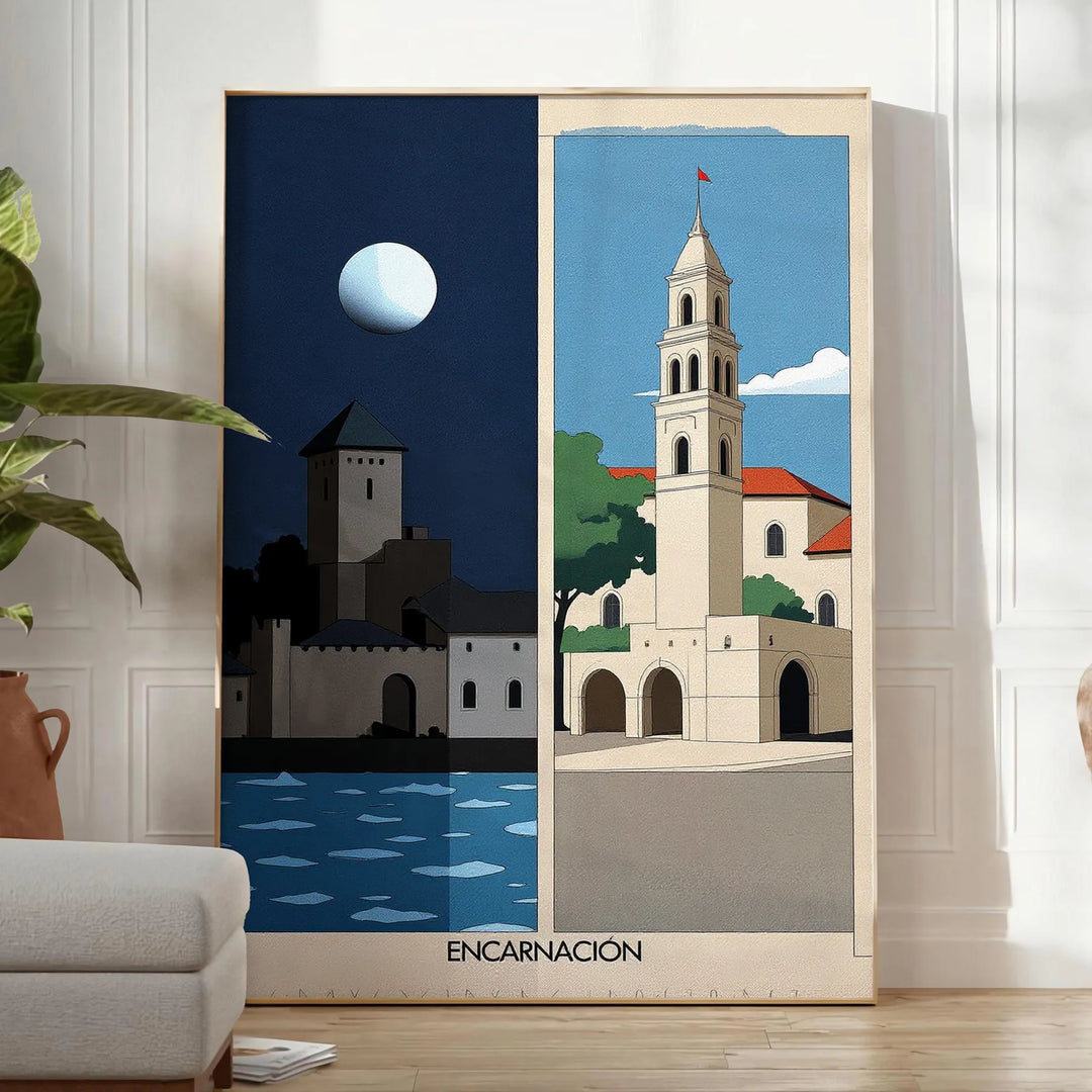 stunning Encarnación Paraguay Art Déco vintage poster vibrant orange green hues space eye design classic elegance decor available A4 cm A0