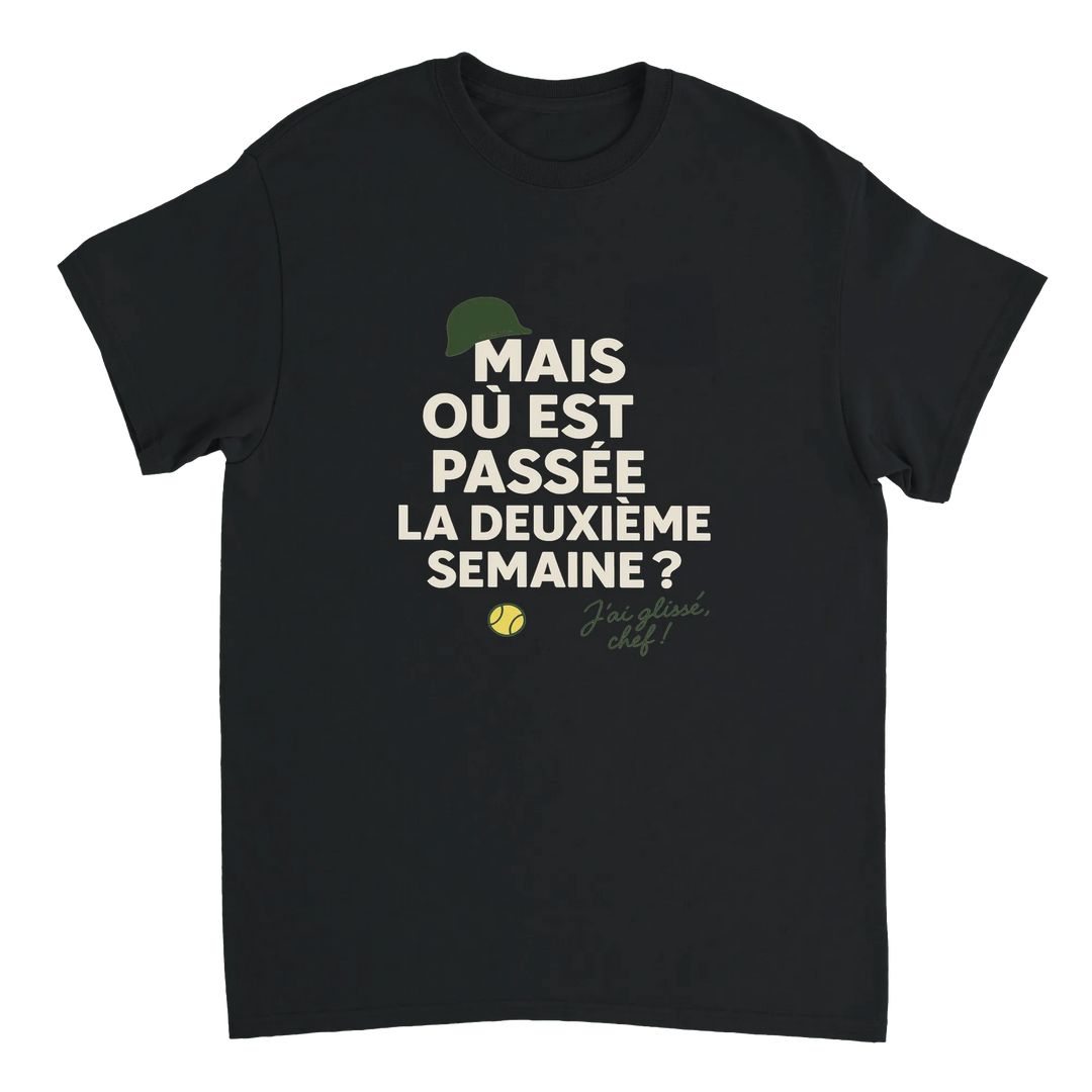 Image Black de Où est passée la deuxième semaine Tennis Tshirt [color:black] [view:front]
