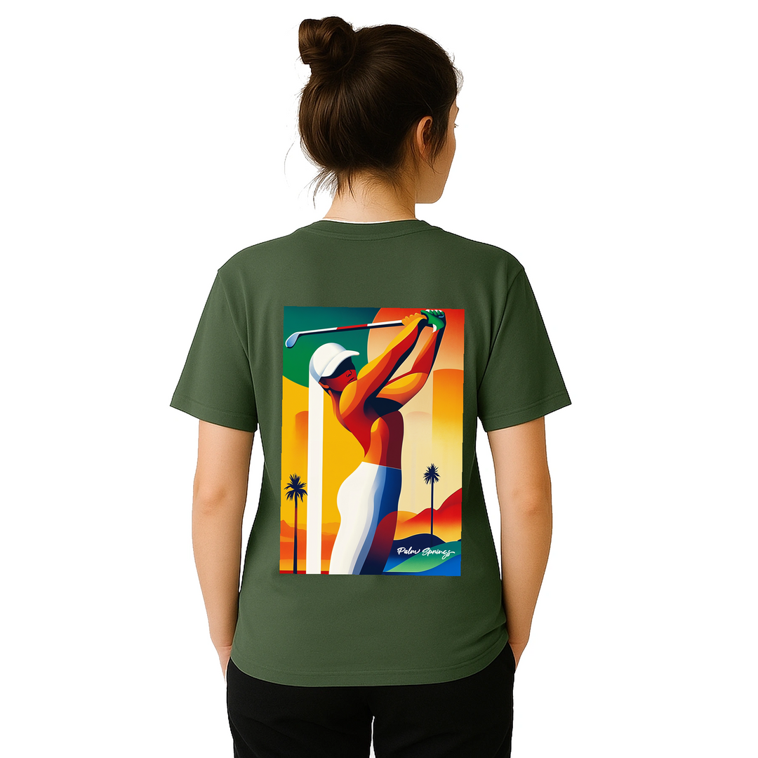 パームスプリングスゴルフTシャツは、明るいデザインが特徴で、ゴルフ場でも普段使いでも活躍する一枚です。サイズはSからXXLまで揃っています。