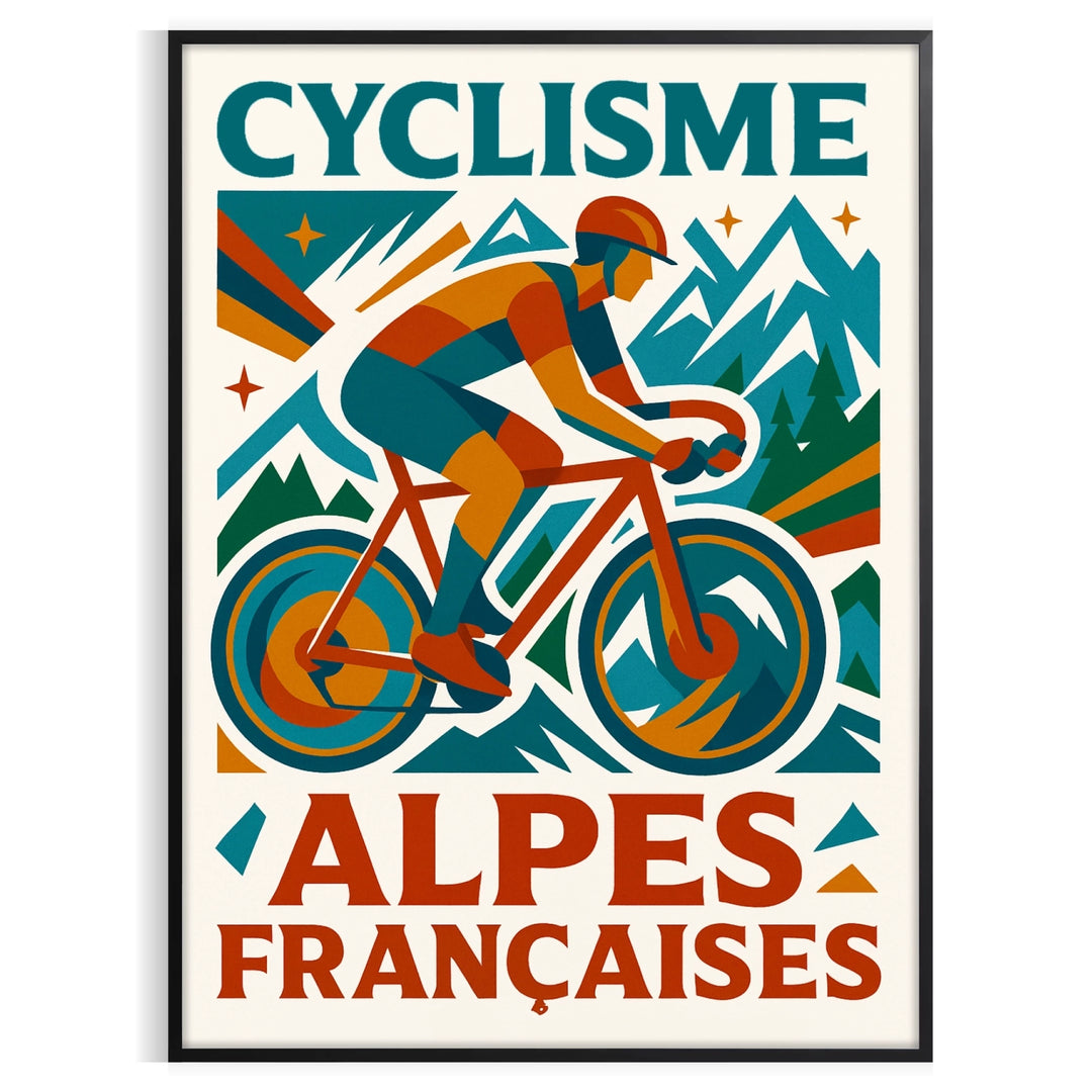ready iconic Alps vibrant French Cycling Tour France poster bold red blue colors stunning art piece space today various sizes A4 cm A0 enthusiasts