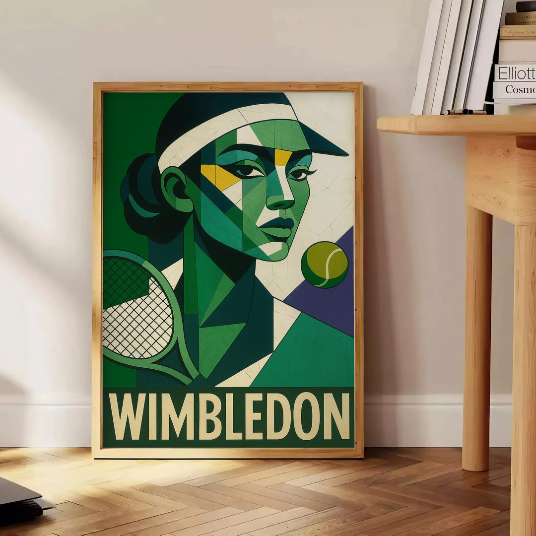 ウィンブルドンにインスパイアされたキュビストテニスポスター。グレーとグリーンの美しいデザインで、テニス愛好者にぴったりのアート作品。フレーム付きまたはフレームなしでお選びいただけます。