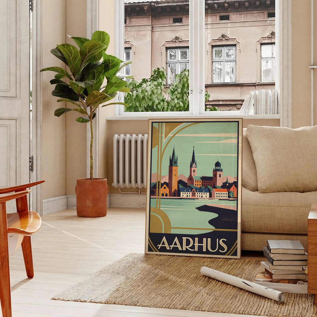 Vintage Art Déco Aarhus Denmark poster with orange and brown cityscape design