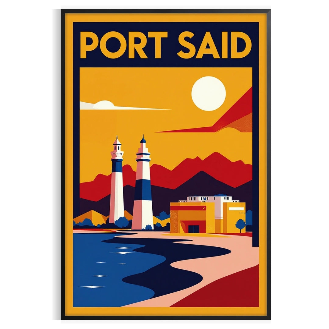 charm Port Said Egypt stunning Art Deco vintage poster vibrant orange blue tones touch elegance space available two sizes today