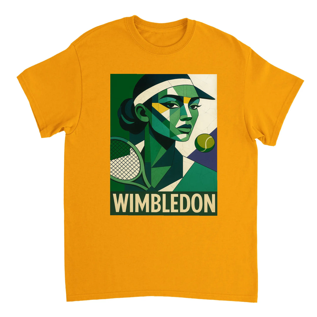 ウィンブルドン・キュビスト・テニスTシャツ。ユニークなキュビズムデザインが特徴で、テニス愛好者にもファッション好きにも最適なアイテム。サイズはS、M、L、XL、XXLがあります。