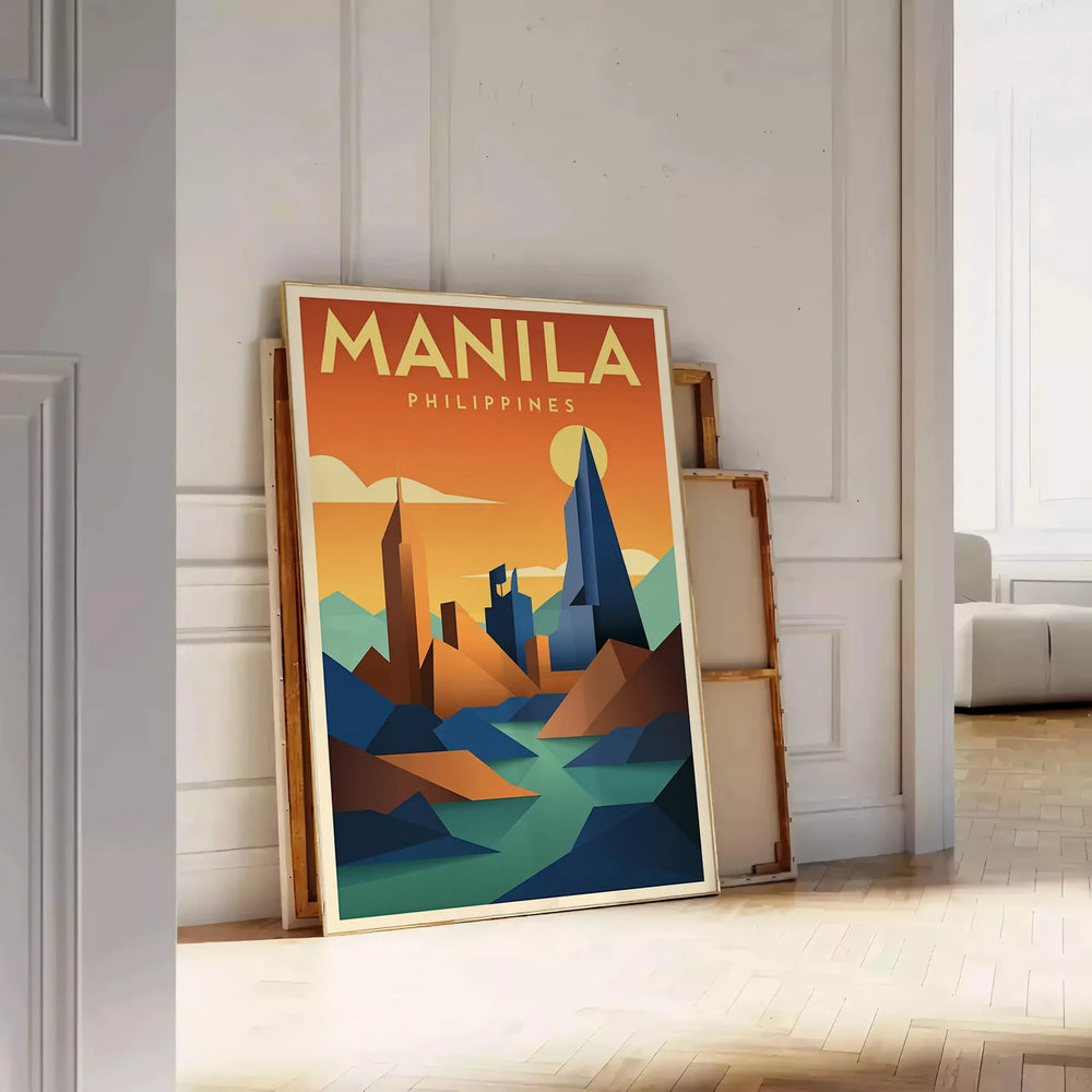 Art Deco poster featuring vintage Manila with warm orange and brown tones