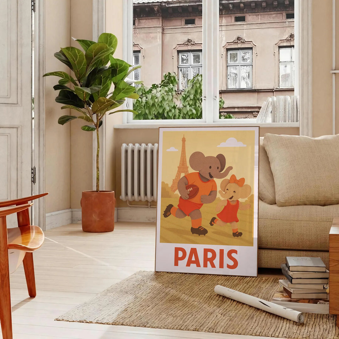 space charming Kid Elephant Rugby Paris poster vintage art deco print playful spirit perfect sports lover child room dimensions today