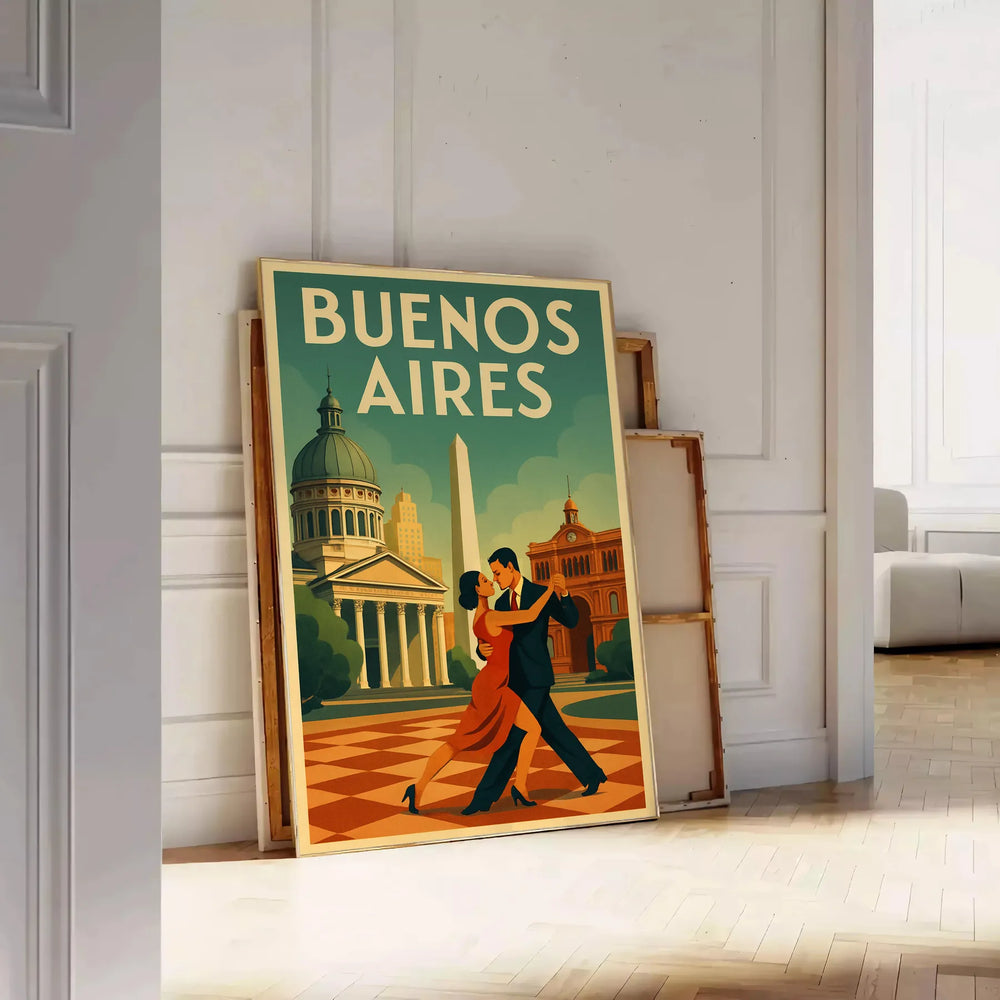 Poster showing Buenos Aires Art Déco cityscape illustration in orange and green