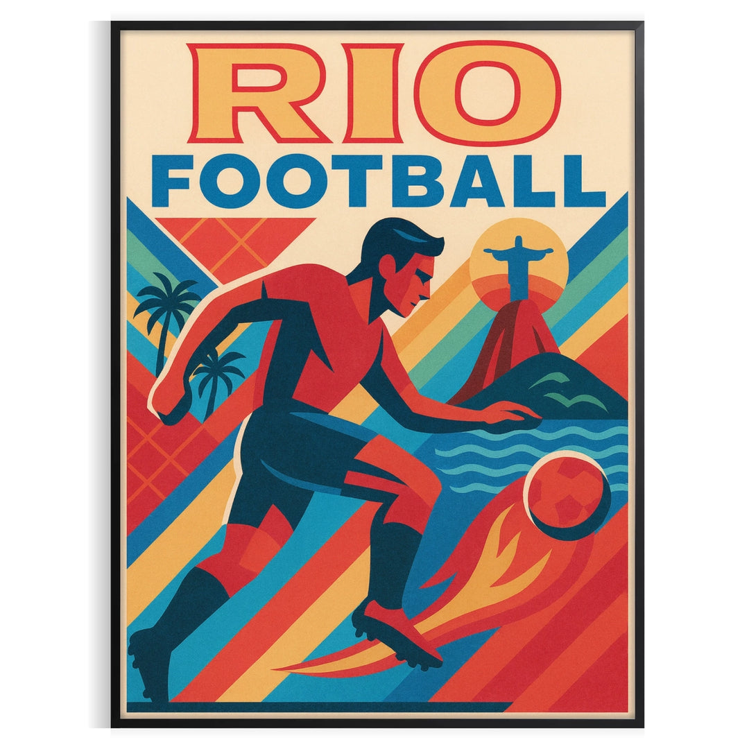 stunning Rio Football Vintage poster vibrant yellow blue hues sports enthusiast piece passion decor available frame convenience