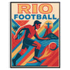 Vintage poster med Rio fotbollstema i livfulla gula och blå färger, perfekt för sportentusiaster. Finns i storlekarna 50x70 o