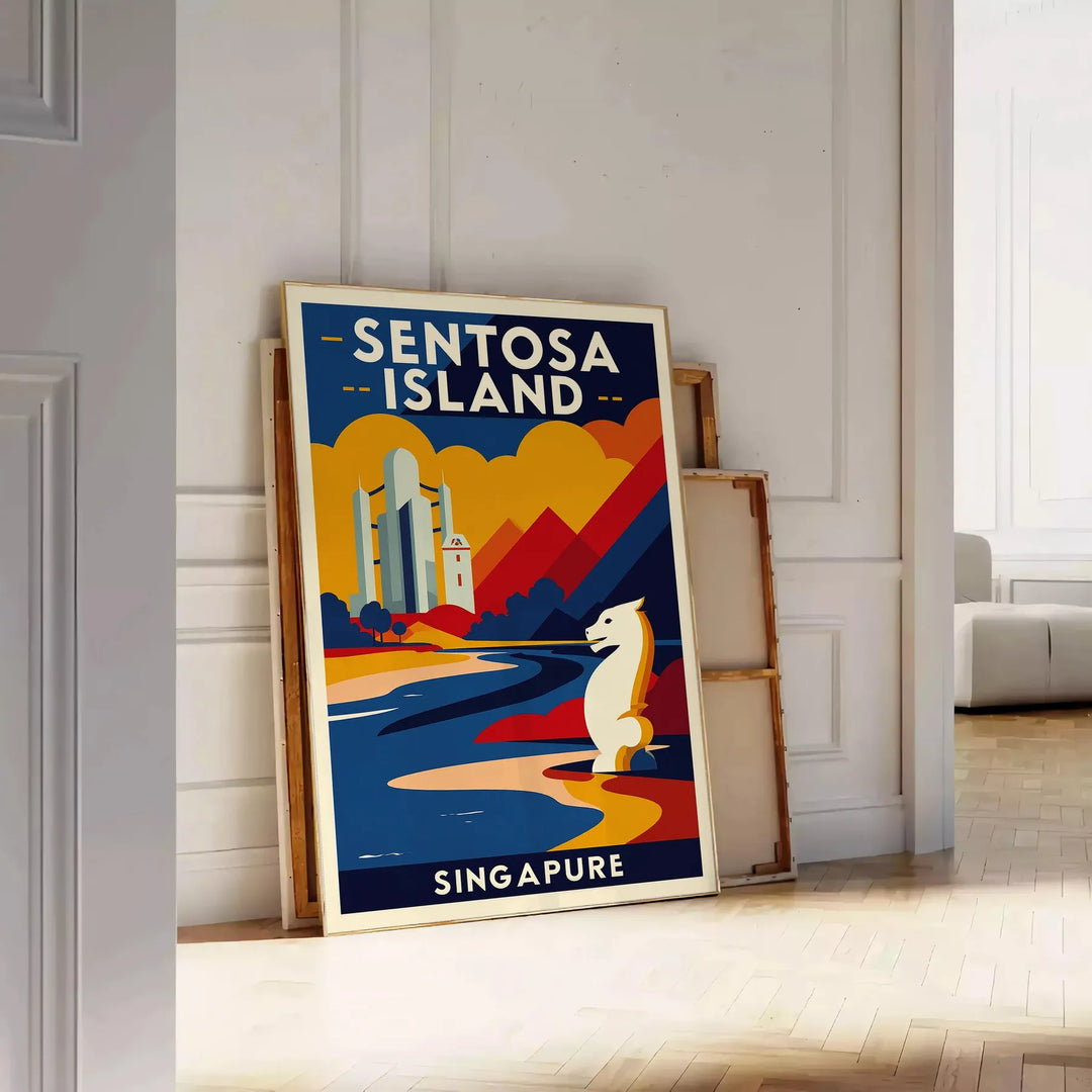 Vintage Reiseposter von Sentosa Island, Singapur im Art Deco-Stil. Lebendige orange und blaue Farbtöne bringen Nostalgie in I