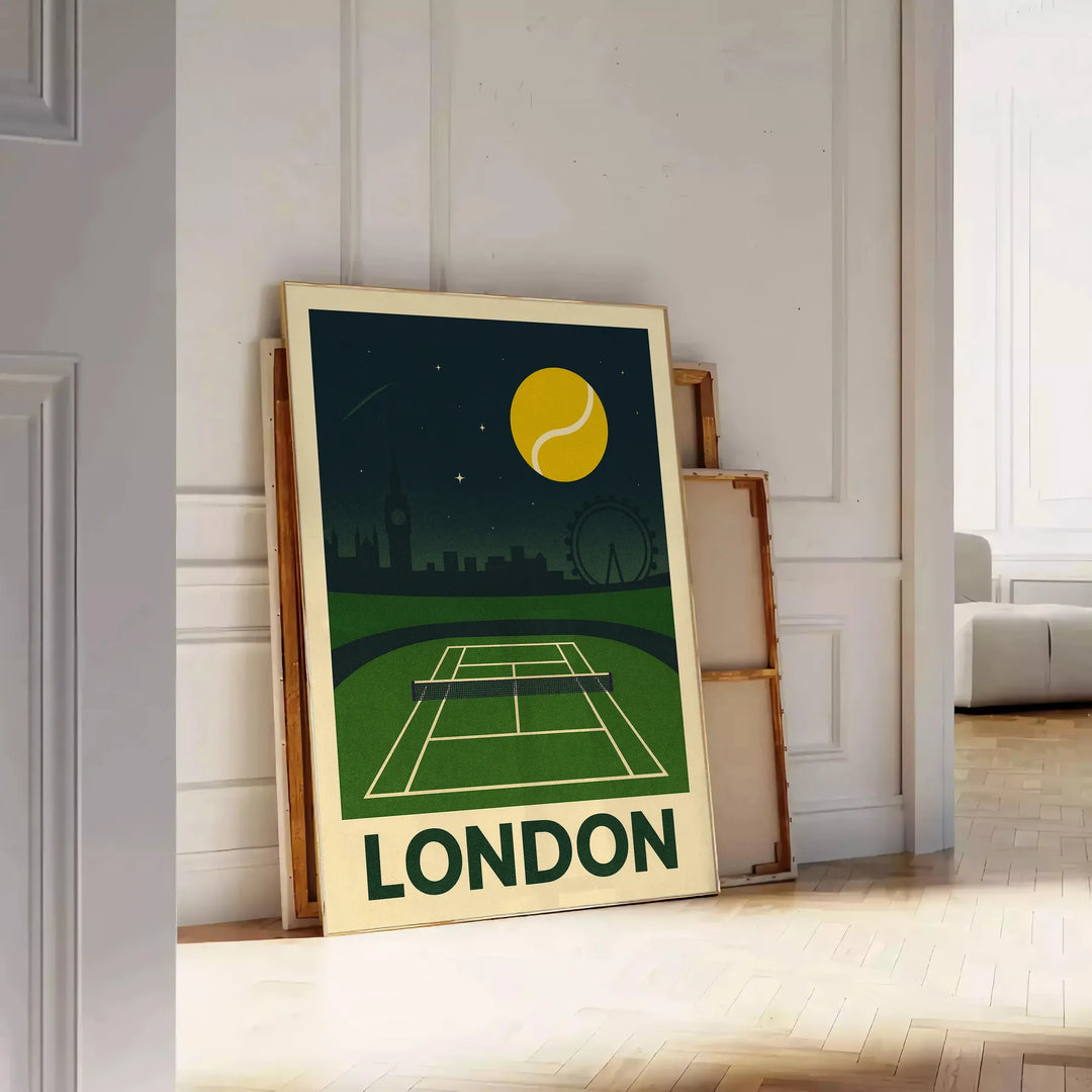 ロンドンの夜のテニスの活気を捉えた美しいグレーとグリーンのポスター。スポーツ愛好家や都市の魅力を楽しむ方に最適なアート作品。