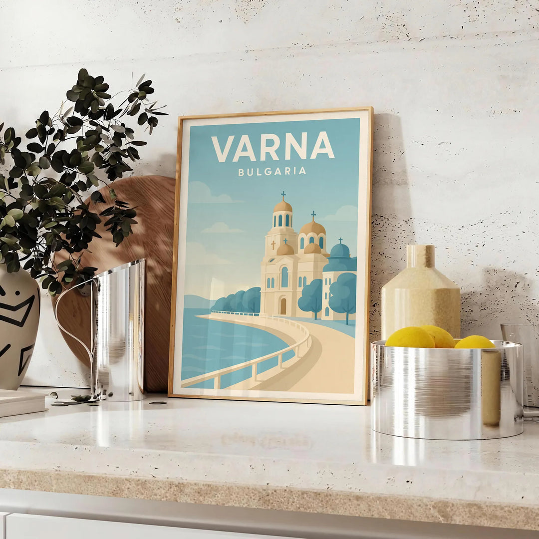 Blue and gray Varna, Bulgaria cityscape poster in minimalist style