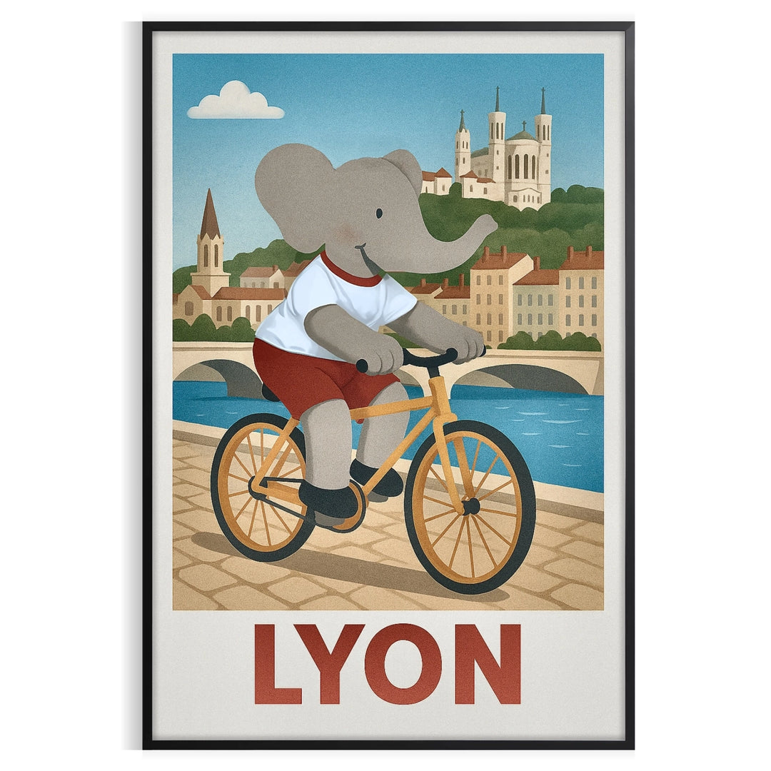 vibrant kids elephant cycling poster playful red blue hues Lyon child room area dimensions cm unique art piece sure A4 A0