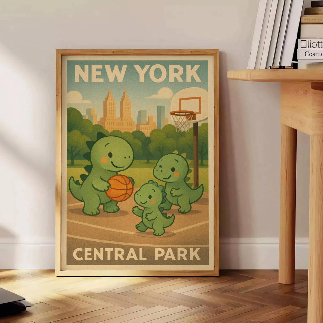 splash fun space  basketball vintage poster playful dinosaurs New York Central Park kids rooms unique gift art deco print measures Buy today games unframed options available
