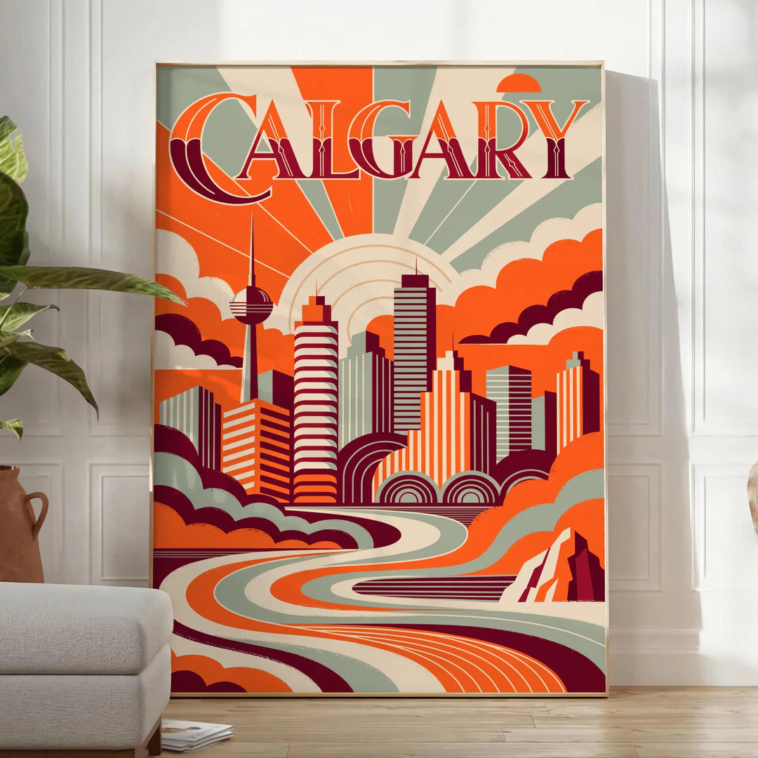 Poster Art Deco Calgary con colori arancione e verde, veduta cittadina