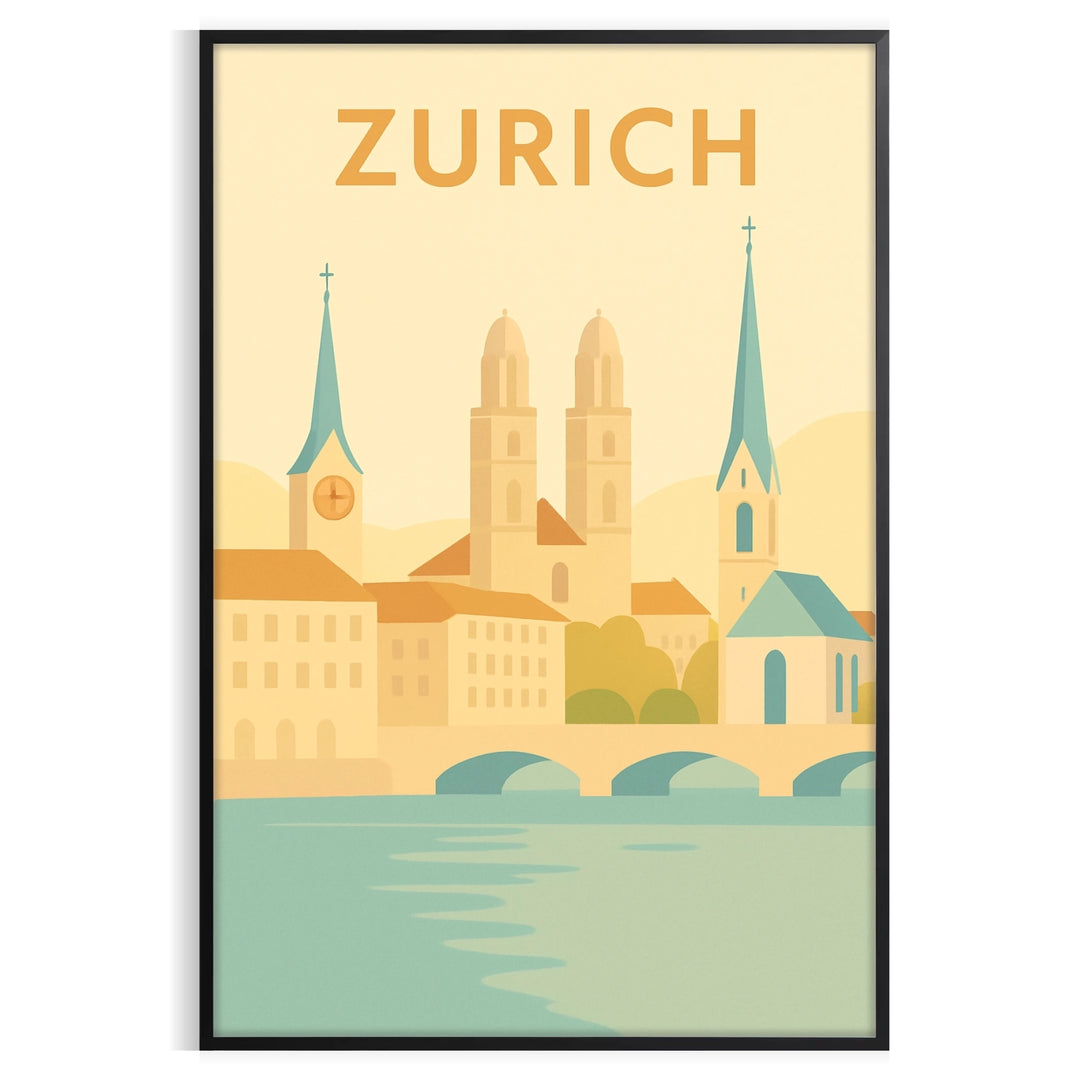 Yellow and orange Zurich, Switzerland Art Déco poster with city skyline