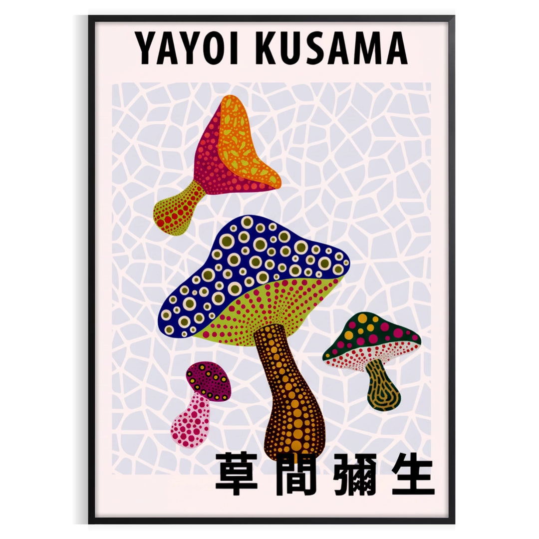 vibrant world mushroom Yayoi Kusama poster red green hues splash color space art piece available sizes cm decor A4 A0