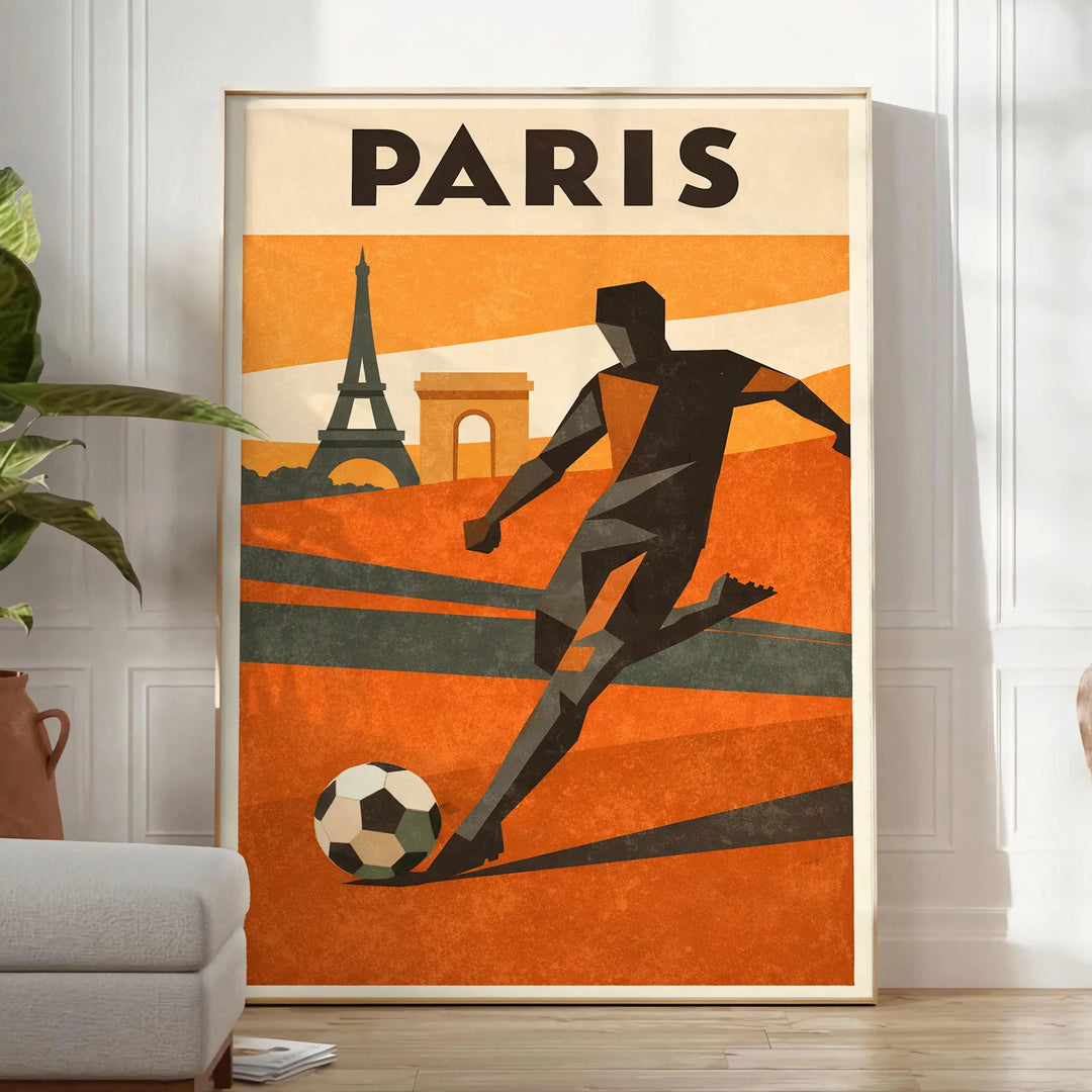 Parīzes futbola plakāts ar dzīvīgām zaļām un oranžām krāsām, ideāli piemērots sporta faniem. Pieejami izmēri: A4, 30x40 cm, 5