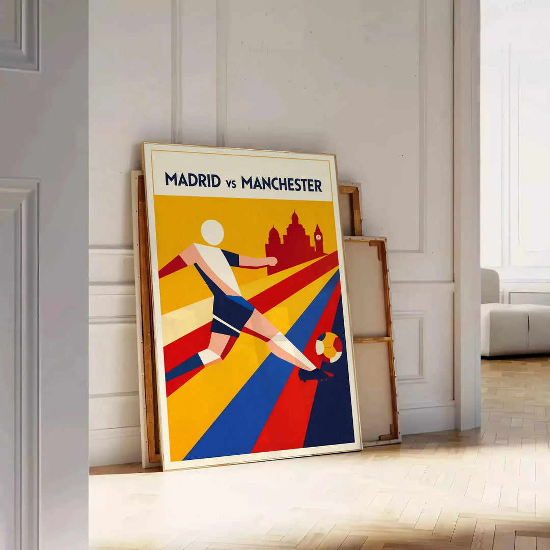 Plakat piłkarski przedstawiający miłość do futbolu w Madrycie. Idealny dla fanów sportu, dostępny w rozmiarach A4, 30x40 cm