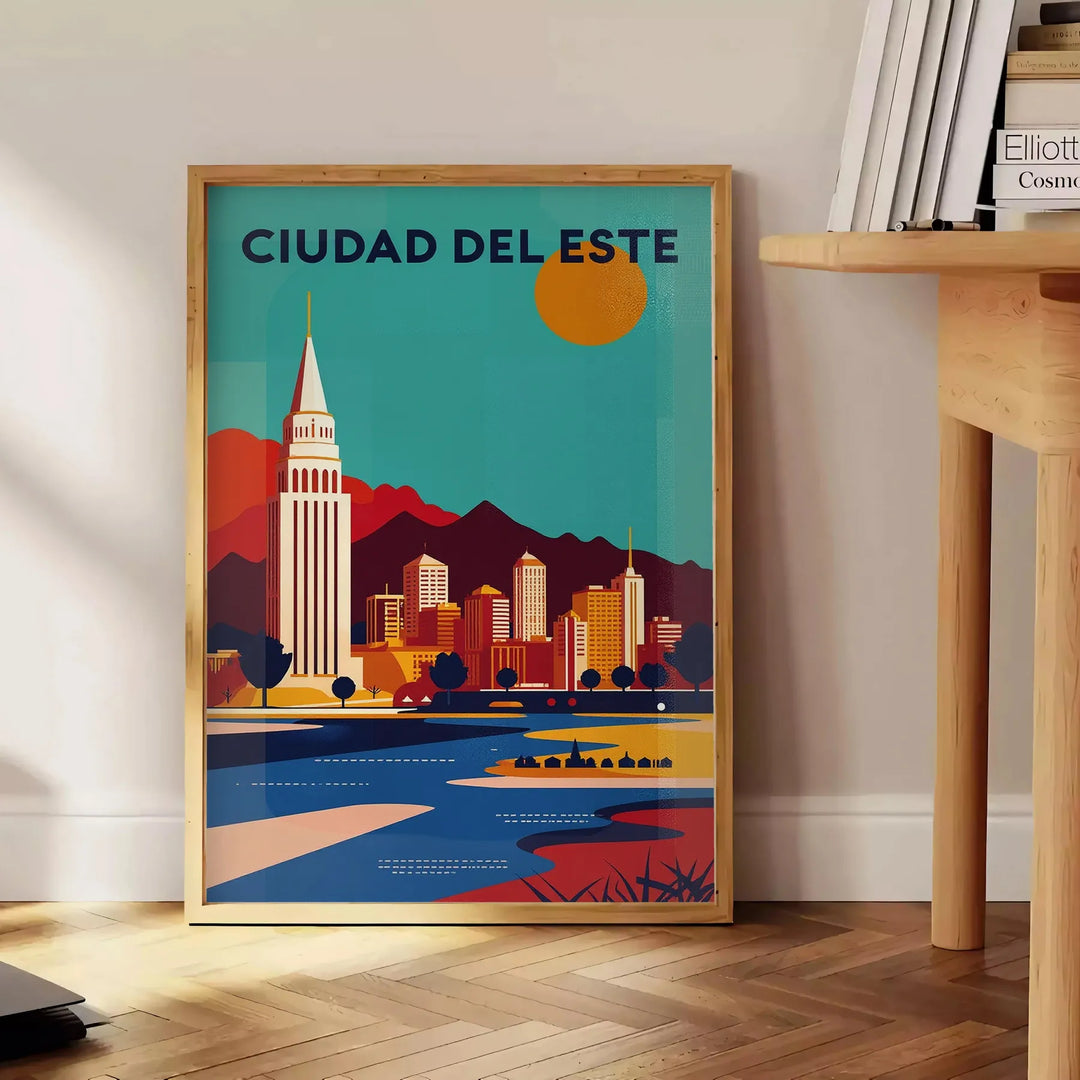 vibrant charm Ciudad del Este Paraguay stunning Art Déco vintage poster warm orange brown tones artwork perfect retro flair space eye piece dimensions cm A4 A0