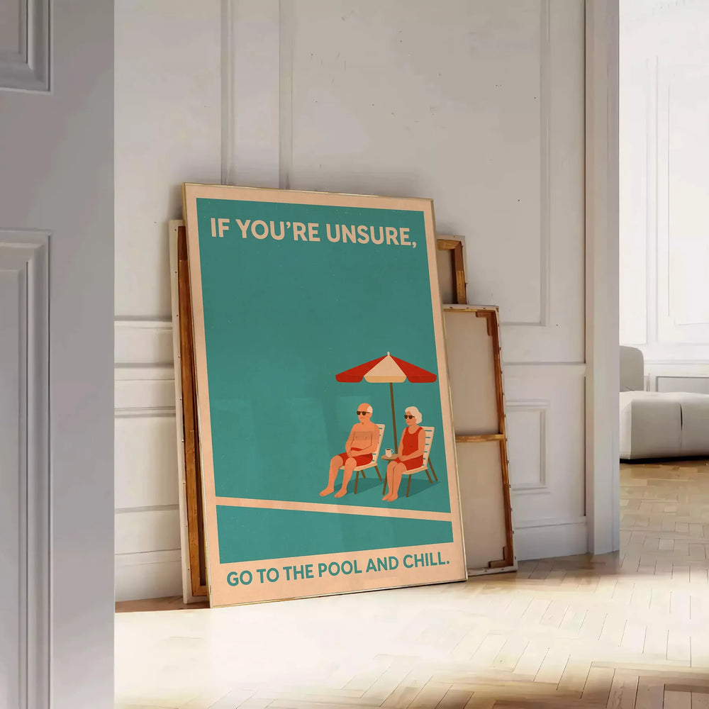 relaxation motivational pool poster vibrant blend brown red hues wall art water today space framed unframed options perfect fit