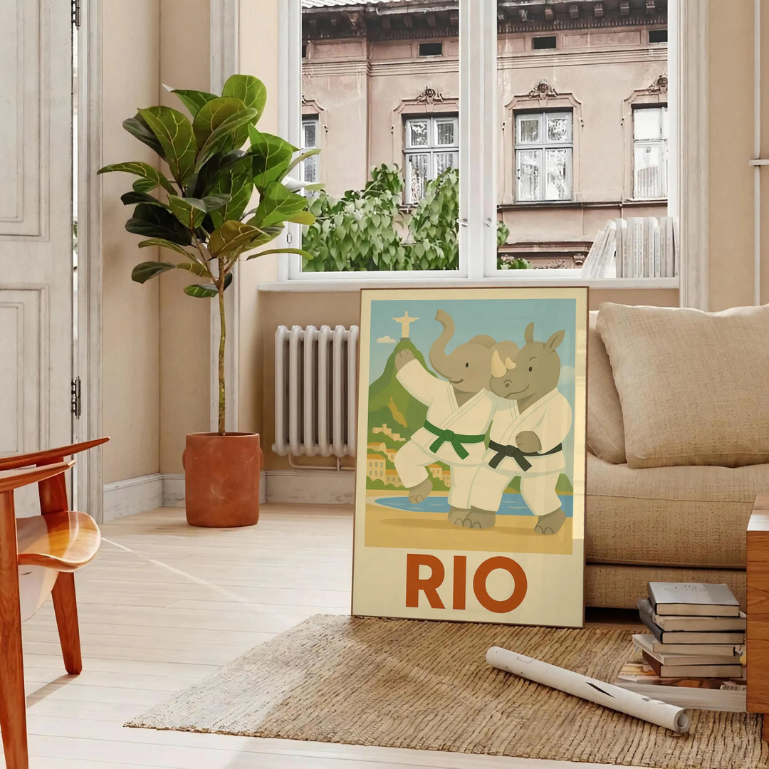delightful kid elephant rhino judo poster vibrant spirit Rio de Janeiro playful interplay gray green eye design perfect child space unique today unframed options