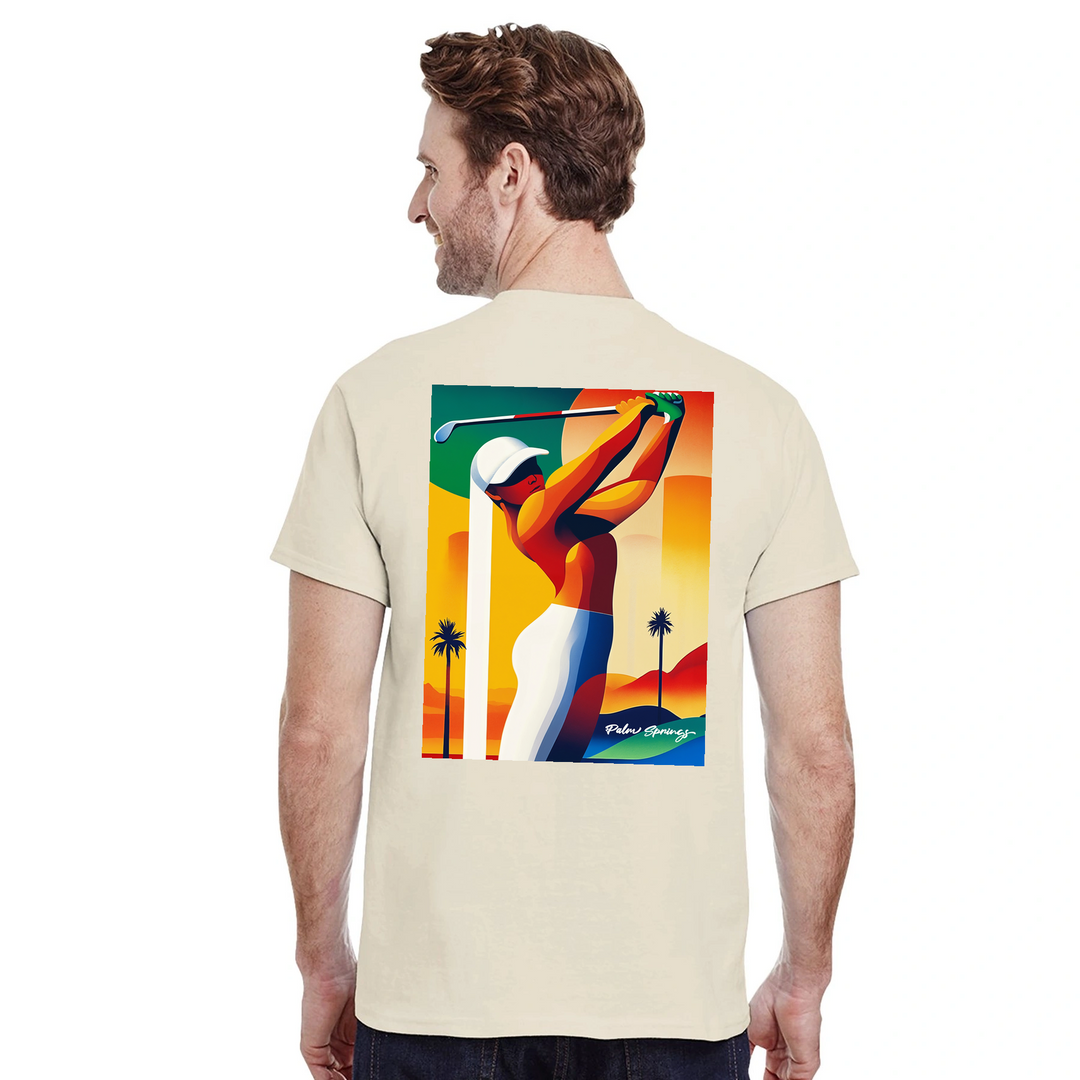 パームスプリングスゴルフTシャツは、明るいデザインが特徴で、ゴルフ場でも普段使いでも活躍する一枚です。サイズはSからXXLまで揃っています。