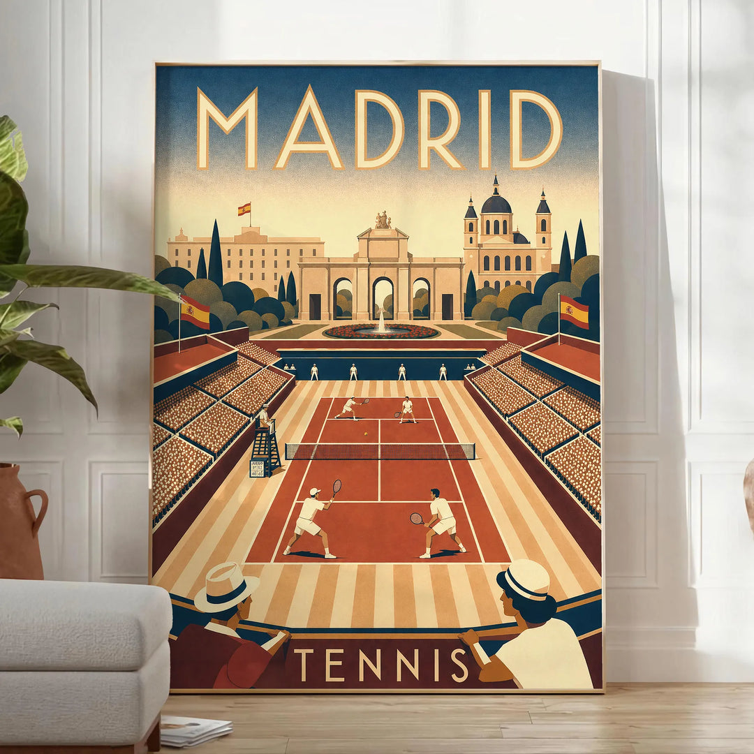 Plakat tenisowy Madrid w intensywnych odcieniach zieleni i czerwieni, dostępny w rozmiarach 50x70 lub 30x40. Idealny dla miło