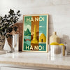 Vintage reseplakat från Hanoi, Vietnam med Art Deco-element i livfulla blå och gröna nyanser. Perfekt för inredning och nosta