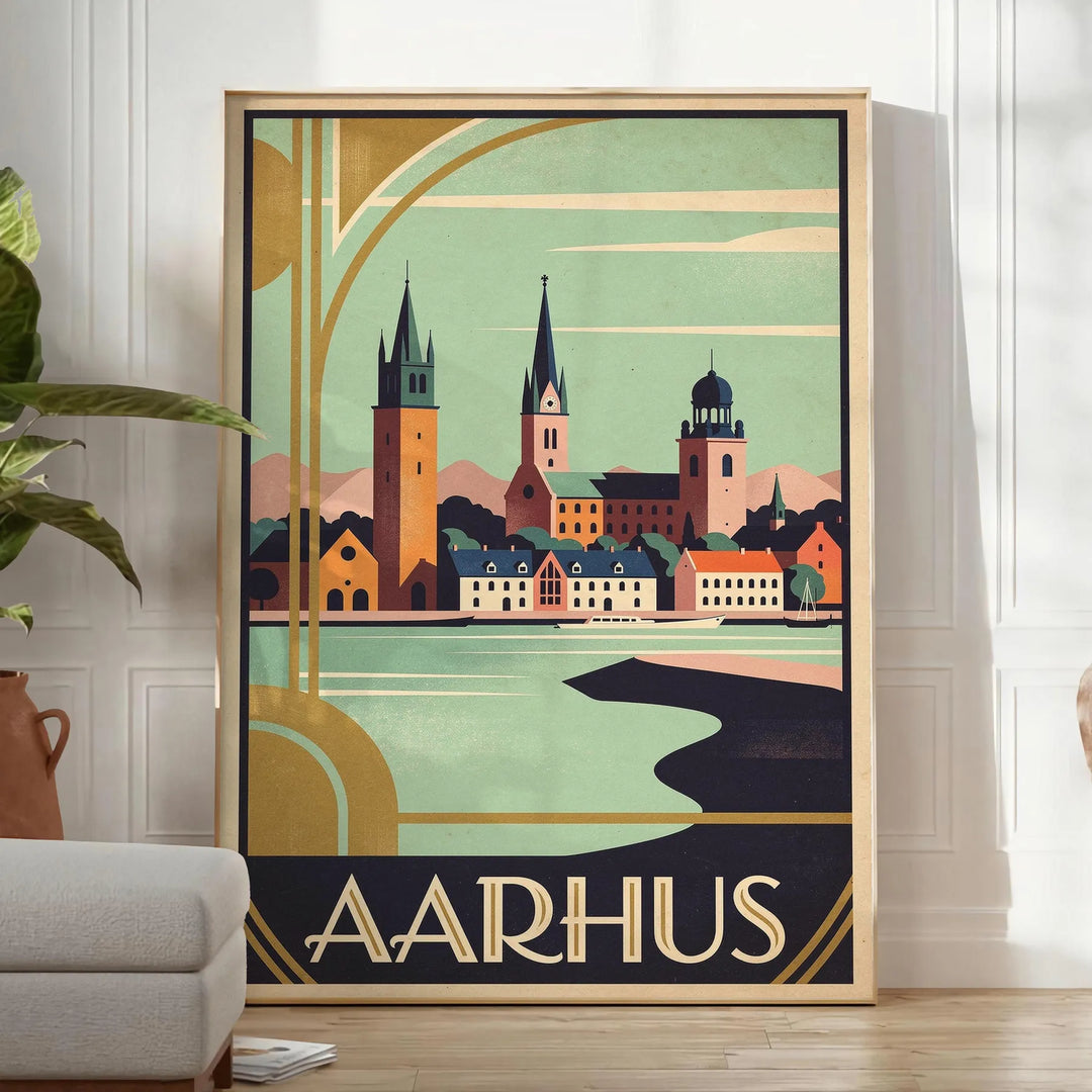 Vintage Art Déco Aarhus Denmark poster with orange and brown cityscape design