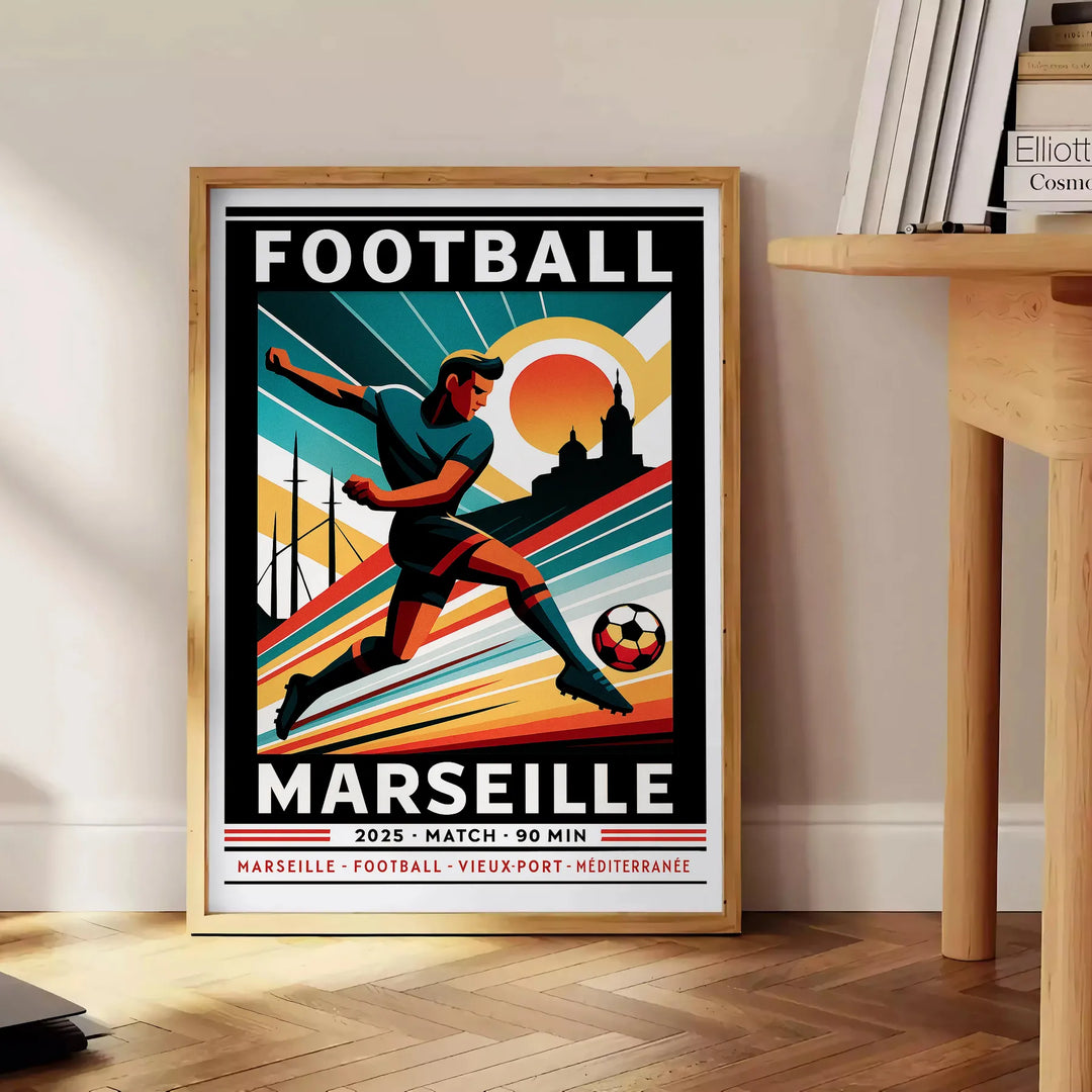 Plakat piłkarski Marseille w żywych kolorach czerwonym i niebieskim, idealny do dekoracji przestrzeni każdego fana. Dostępny