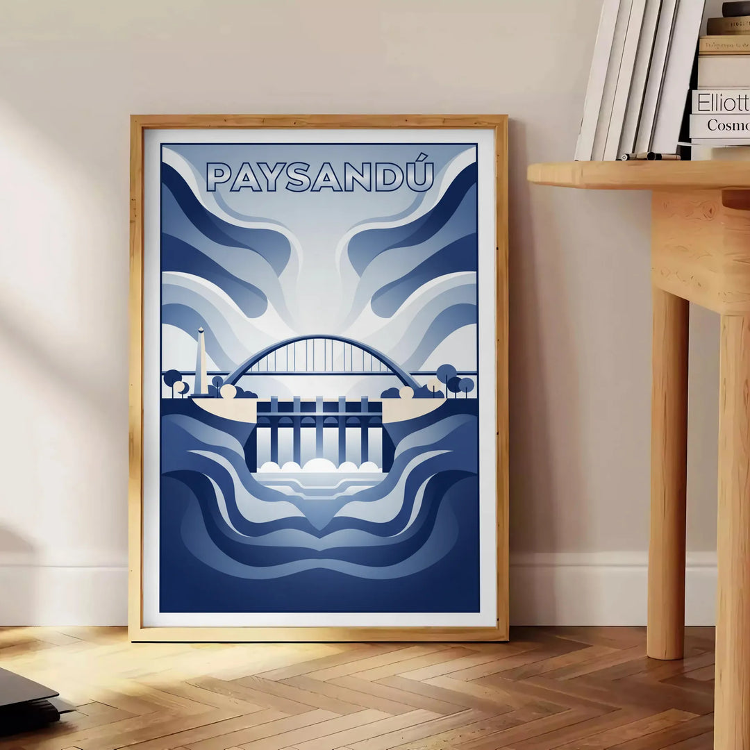 Affiche Art Déco bleue et blanche de Paysandú Uruguay, scène de rivière stylisée