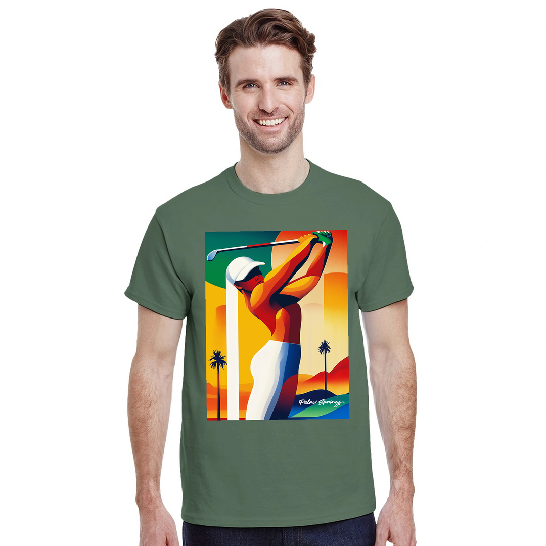パームスプリングスのゴルフをイメージしたスタイリッシュなTシャツ。快適な着心地と耐久性のあるプレミアムコットンを使用。